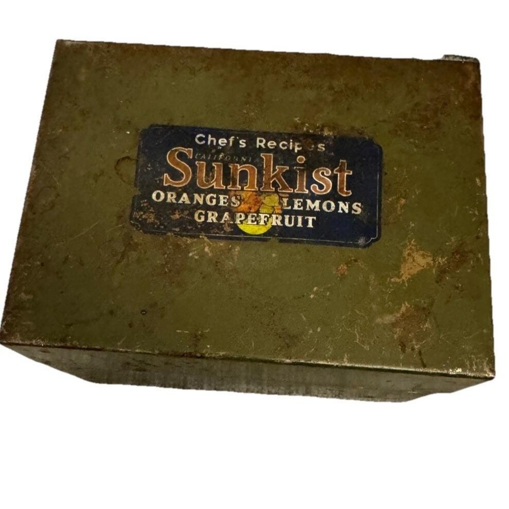 Vintage Sunkist Recipe Box With‎ Cards Tin Hinged Lid Farmhouse Rustic Kitchen